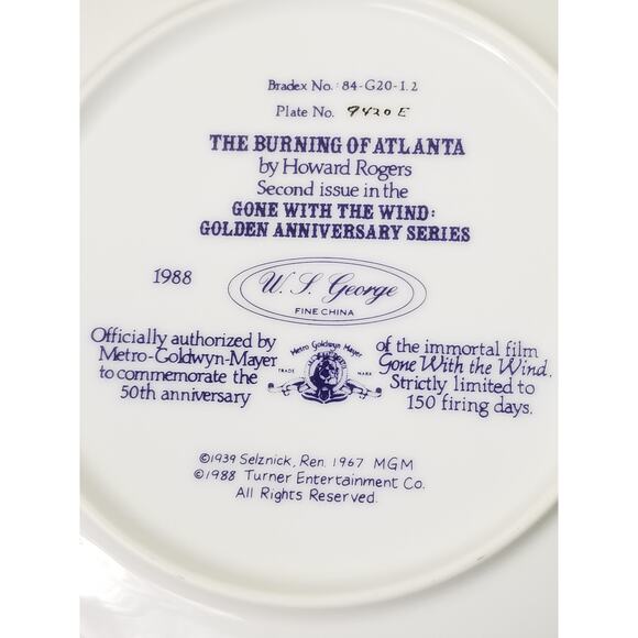 Gone With The Wind The Burning of Atlanta 1988 Plate Wall Decor Fine China Vtg - Picture 12 of 13